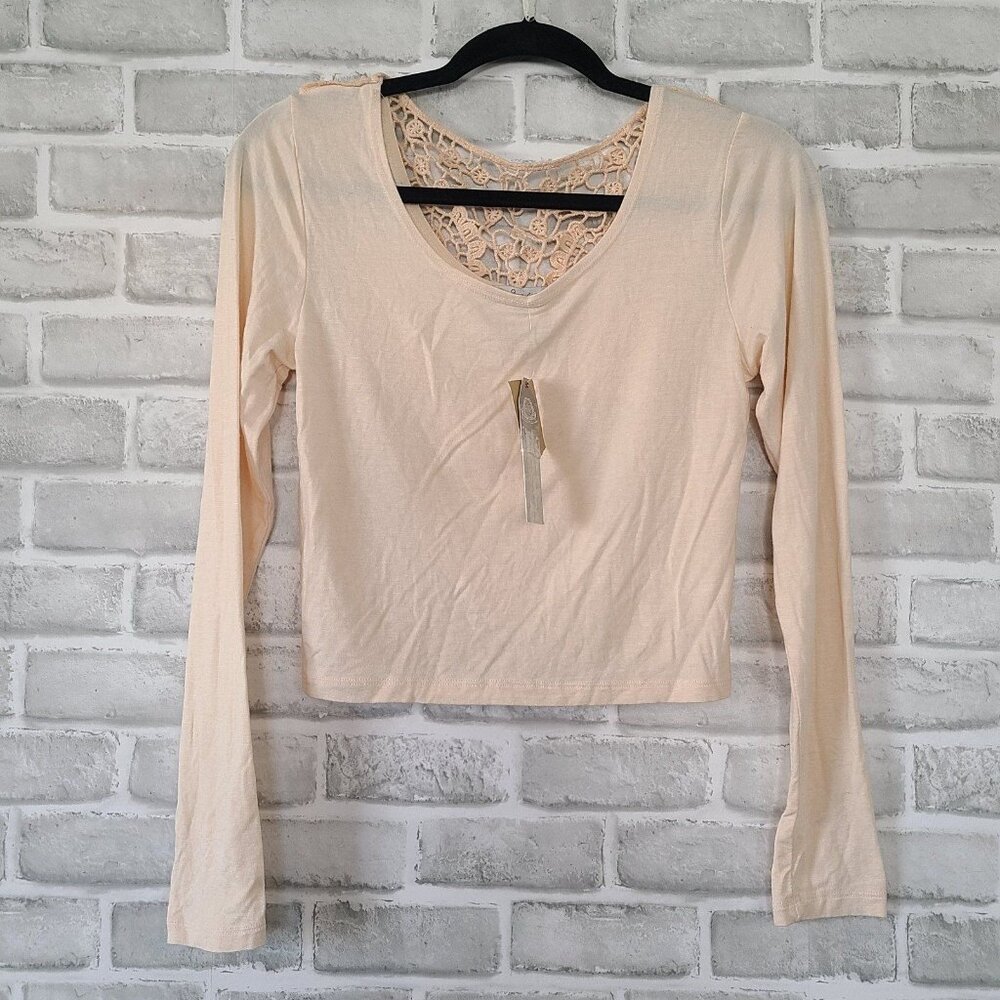American Rag Cie Crochet Lace Inset Long Sleeve Tshirt Boho Staple NEW Medium